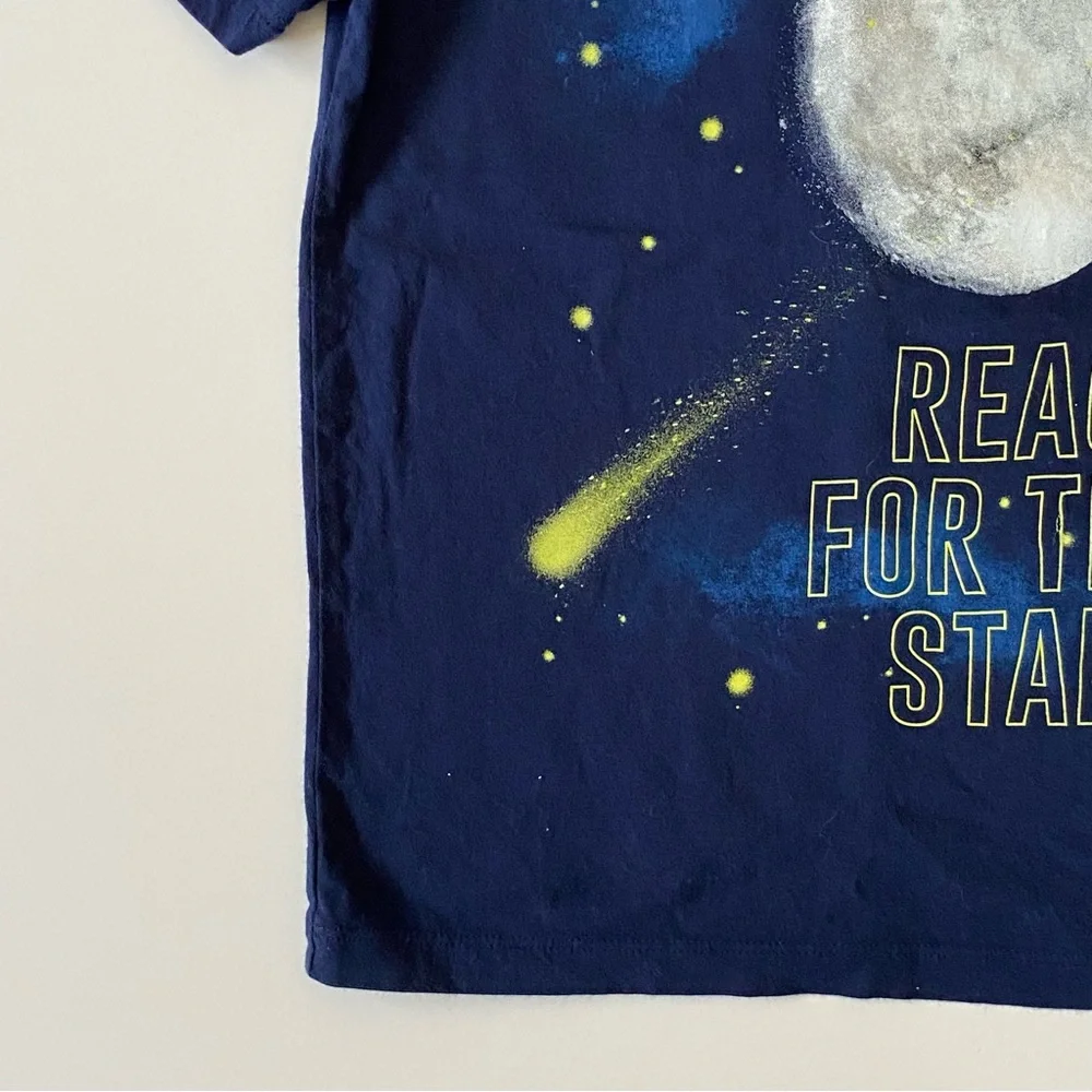 Lands’ End Space Shirt Size 5 6 Medium Navy Blue Short Sleeve planets moon stars